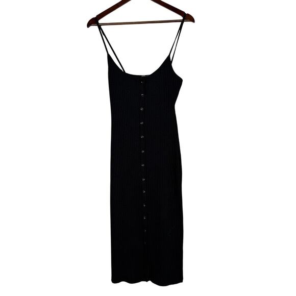 ZARA Ribbed Bodycon Midi Dress Strappy Stretch Slim Round Neck M Black #3472 - Picture 2 of 15